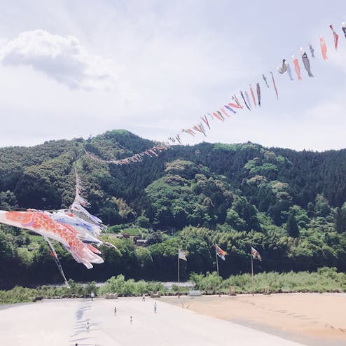 鯉のぼりの川渡し