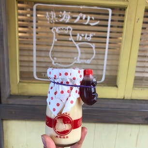 事前に調べて絶対食べてみたかった熱海プリン

お店の前は行列！
まず見た目がレトロで可愛い♡ 
塩分が少し多めで、パッケージにも描いてあるカバは塩分を好むから熱海プリンのキャラ？になったらしいです！