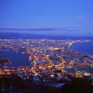 完全に暗くなる手前の、まだ周りの山が見えてるぐらいのときがとてもきれいだった函館夜景。