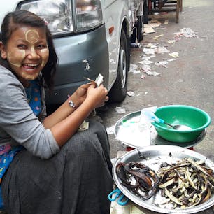 ヤンゴンと思います、道端でお金を懸命に数えて居ましたので、写真を一枚、
ミャンマーはお金は紙幣しか有りません、コインは有りません。
しかし何を売って居たかな？蛇の焼いたの？

#ミャンマー　#サント船長の写真