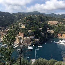 丘の上からポルトフィーノの港を見下ろすと、個人のクルーザーだらけ