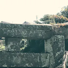 深田の鳥居

この鳥居は凝灰岩でできており、土中から出ている部分は高さ3.2m、二本の柱をつなぐ鳥木は4.5mあり、柱脚が太く、柱が二つの石を重ねてできているのが特徴です。修復のため解体した際、笠木のささえ右（額束＝がくづか）の表面に、かすかにノミで刻まれた「王」の文字が発見されています。携帯や石組み技術からみて、鎌倉～室町時代の作であると考えられます。

県指定有形文化財
臼杵市教育委員会

#サント船長の写真　#鳥居　#神社仏閣　#九州