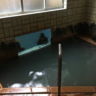 山形の肘折温泉にある西本屋旅館のお風呂。湯船の横に金魚の水槽があります。泳ぐ金魚を眺めながら入る温泉はなかなかです♨️