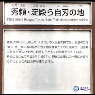 豊臣秀頼・淀君最期の場所
豊臣秀吉の息子、秀頼は通説では、大坂の陣で大坂城で切腹したとされています。 母である淀殿と共に慶長20年（1615）5月8日、燃え上がる天守閣の北・山里丸の蔵の中で自害しています。 しかし、その激しい炎のため、真っ黒となった遺体は男女の区別さえできない状態だったと言われています。

#サント船長の写真　#歴史的人物の終焉地　#大阪