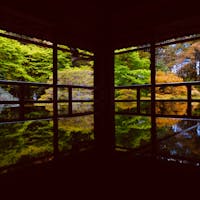 滋賀　旧竹林院
テーブルに反射した庭園で有名。