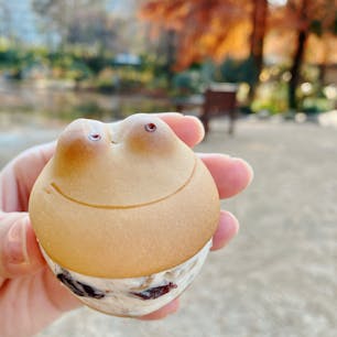 名古屋名物のカエルまんじゅうをマリトッツォにしたケロトッツォ🐸

カエルまんじゅうの間にクリームが挟まっていて、これはラムレーズン&くるみバージョンです。

ただ見た目のかわいさに惹かれて買ってみたけど、おまんじゅうとラムレーズンクリームの相性が良くて、予想以上においしかった！

大須の青柳総本家で買いました。