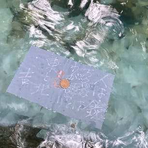 八重垣神社の鏡の池の占いの紙をうかべたところ。

15分以内に沈むと良縁が早く、30分以上かかると縁が遅くくるそうです。
そして近くで沈むと縁が近くに、遠くで沈むと縁が遠くにあるんだそう。

ちなみに紙を浮かべるとご神託の文字も浮かんできます。