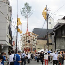 鷹山
祇園祭り後祭り
【鷹山について】
①鷹山は応仁の乱以前から巡行していた由緒のある山鉾で、「くじとらず」の大きな曳山でした。御神体は鷹匠、犬飼、樽負の御三方で、中納言在原行平様が光孝天皇の御幸で鷹狩りをする場面です。鷹山も他の山鉾と同じく幾多の災害にあいながらも七転び八起きで立ち上がってきました。そして鷹山は他と競いあうようにして豪華になり、江戸時代後期には黒漆塗で破風裏は金という華麗な屋根を持つ曳山になりました。

#サント船長の写真