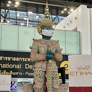 バンコクのスワナプーン空港のヤック
本体の顔だけでなく頭の小さい顔もマスクしてますね。