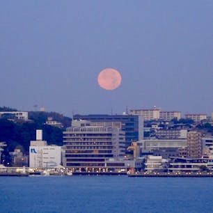 関門海峡　夜明けの残月
プレミアホテル門司港の海峡側の部屋から撮ったものです。
満月一日前の月ですが、本当に美しく感動しました。