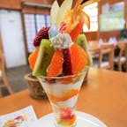 フルーツパフェが人気の「観音山フルーツパーラー」。国内に10店舗ほどありますが、こちら和歌山県紀の川市の総本店は、果樹園の中にあり、まさに農園カフェといった雰囲気です。
パフェのお値段は2,000円前後とお高めですが、濃厚な果物の味が堪能でき、とても美味しいです。
