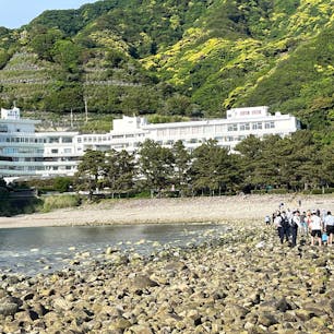 白い建物は海側からの堂ヶ島温泉ホテル。
ホテルを出てすぐ、潮の満ち干きで島までの道が出たり消えたりするトロンボ現象スポット…また、行きます‪ෆ‪