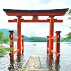 箱根神社　水中鳥居
芦ノ湖に浮かぶ赤い鳥居は、昭和27年に今上陛下の立太子令とサンフランシスコ平和条約締結を記念して建てられました。湖側からしか見えませんが、扁額には吉田茂元首相が記した平和という文字が書かれています。平日でしたが、多くの外国人で行列ができており、前後の見知らぬ人同士で撮りあいっこするという平和な光景が続いてました。私達も韓国の方に撮影を頼まれ、シンガポールから来られた方に撮っていただきました^_^それにしても、外国の方は自由なポーズをとられますね^_^