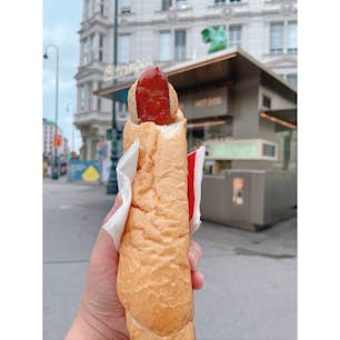 行列ができるソーセージスタンド「Bitzinger Sausage Stand 🌭」
アルベルティーナ前にあり、深夜まで営業しているので観光ついでに立ち寄りやすいです◎

私は朝一(8時)に伺ったので、さすがに誰も並んではいませんでしたが、日中は行列ができているので並びたくない人は早めの時間帯が狙い目かもしれません‼︎

人気の「ケーゼクライナー」のホットドッグを購入しました🌭
ソーセージ自体美味しく、皮もパリパリ、中ジューシーでした♡想像していたより大きく食べ応えもありましたよ♪