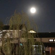 ライトアップされた街並みと満月